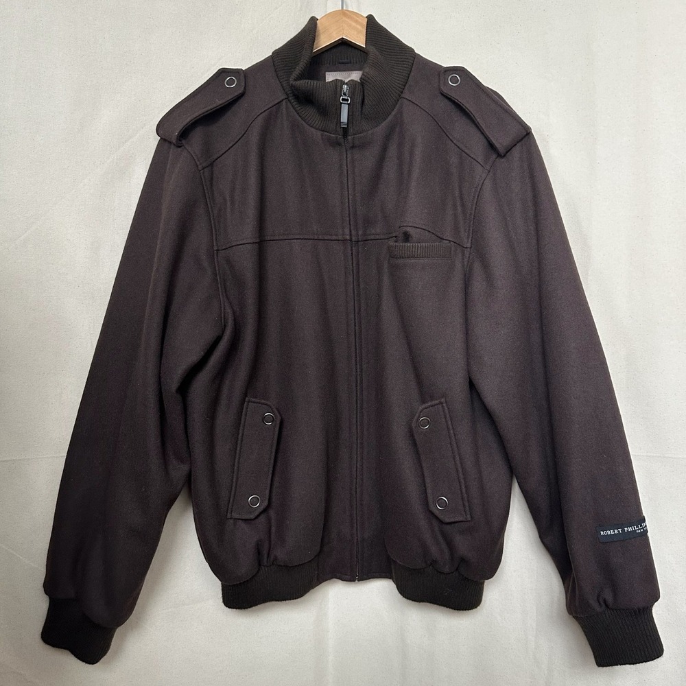 ROBERT PHILLIPE NEW YORK Wool Blend Bomber Jacket Size L Men's Brown City Chores - Picture 12 of 15